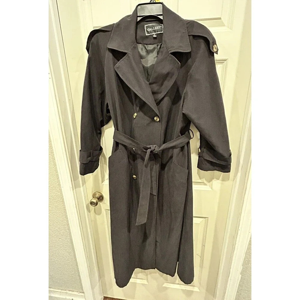 Gallery Dark Gray Double-Breasted Trench Coat with Belt